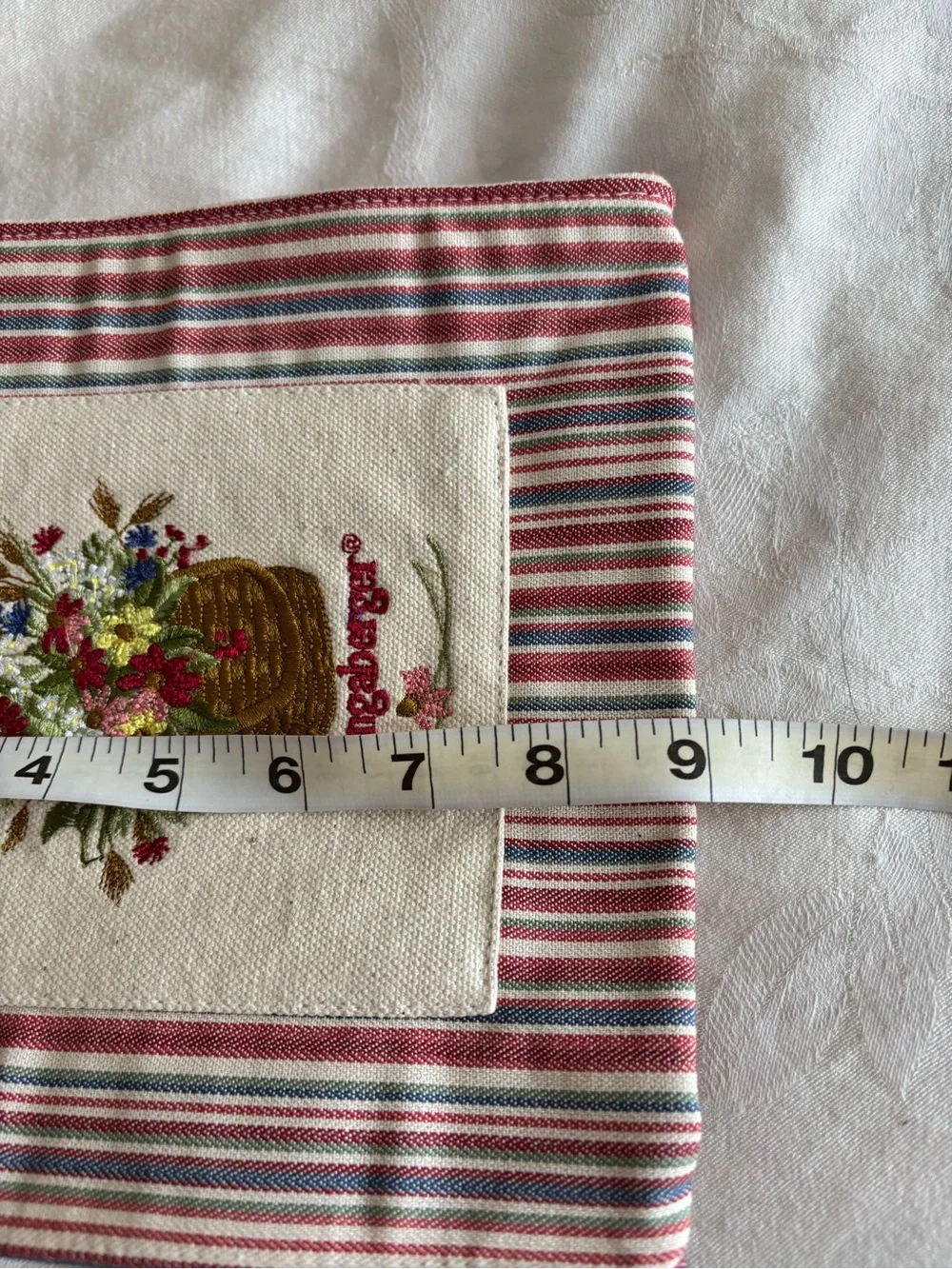Longaberger Red, Blue & Cream Striped Canvas Tote with Embroidered Basket